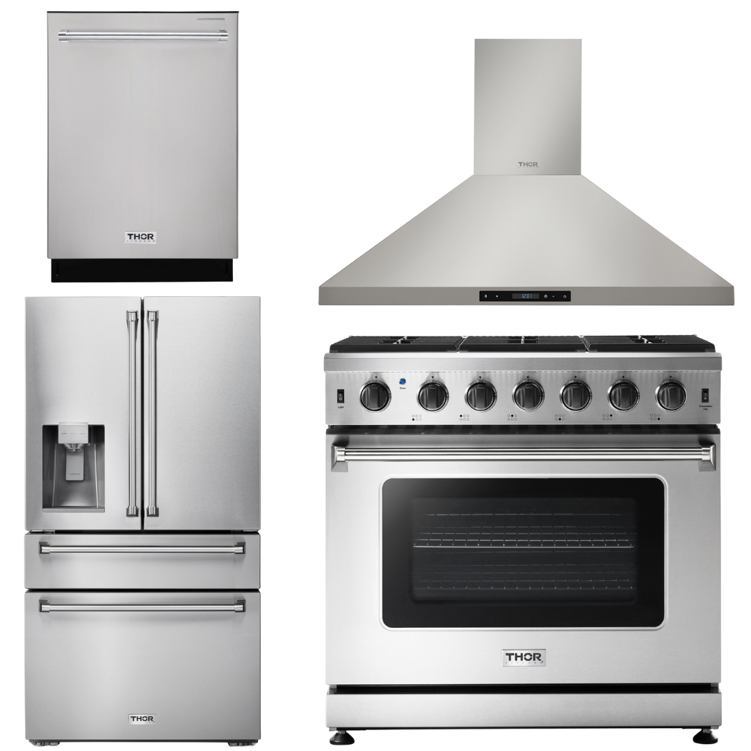 THOR Kitchen Package - 36" Propane Gas Range, Range Hood, Refrigerator with Water and Ice Dispenser, Dishwasher, AP-LRG3601ULP-10