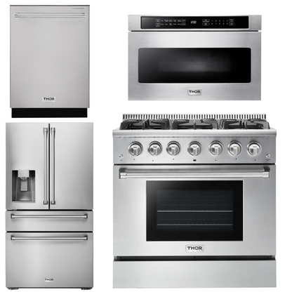 THOR Kitchen Package - 36" Gas Range, Microwave, Refrigerator with Water and Ice Dispenser, Dishwasher, AP-HRG3618U-12