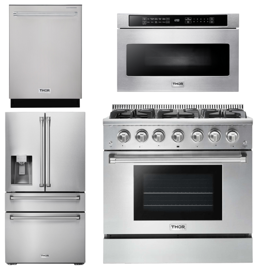 THOR Kitchen Package - 36" Propane Gas Range, Microwave, Refrigerator with Water and Ice Dispenser, Dishwasher, AP-HRG3618ULP-12