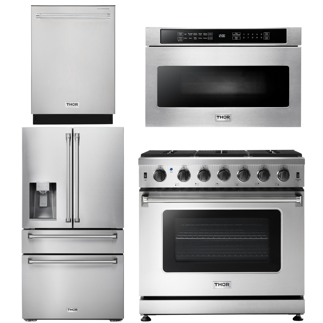 THOR Kitchen Package - 36" Propane Gas Range, Microwave, Refrigerator with Water and Ice Dispenser, Dishwasher, AP-LRG3601ULP-12