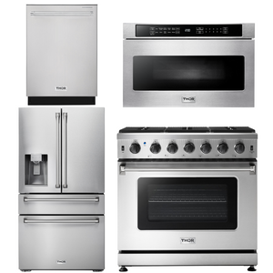THOR Kitchen Package - 36" Propane Gas Range, Microwave, Refrigerator with Water and Ice Dispenser, Dishwasher, AP-LRG3601ULP-12