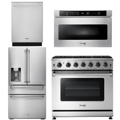 THOR Kitchen Package - 36" Propane Gas Range, Microwave, Refrigerator with Water and Ice Dispenser, Dishwasher, AP-LRG3601ULP-12