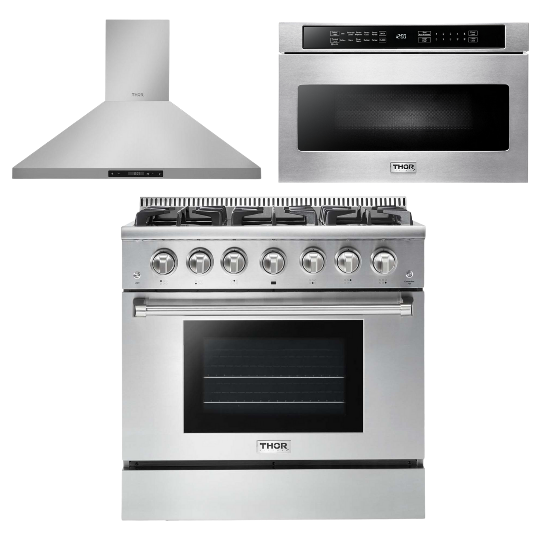 THOR Kitchen Package - 36" Gas Range, Range Hood, Microwave, AP-HRG3618U-5