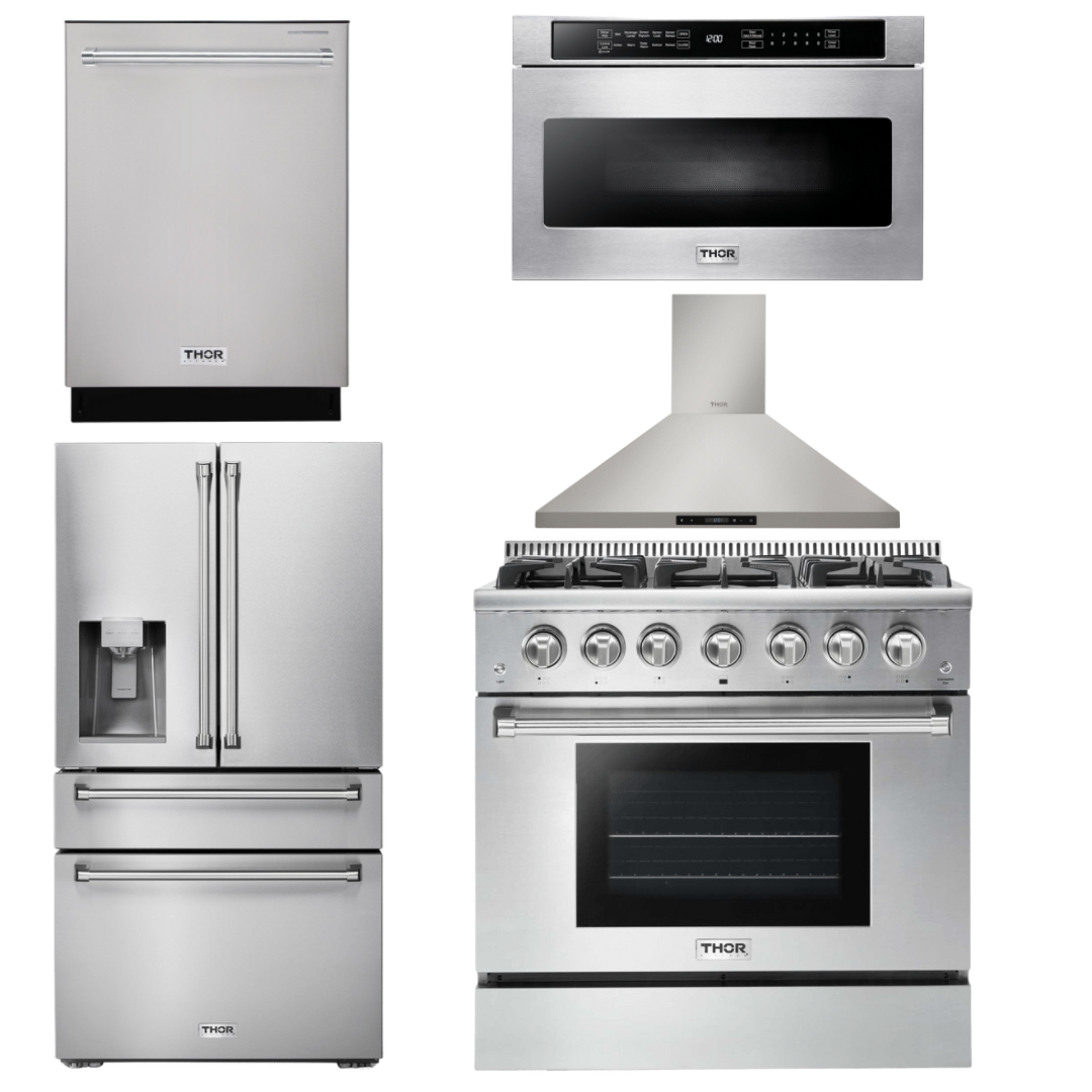 THOR Kitchen Package - 36" Gas Range, Range Hood, Microwave, Refrigerator with Water and Ice Dispenser, Dishwasher, AP-HRG3618U-13