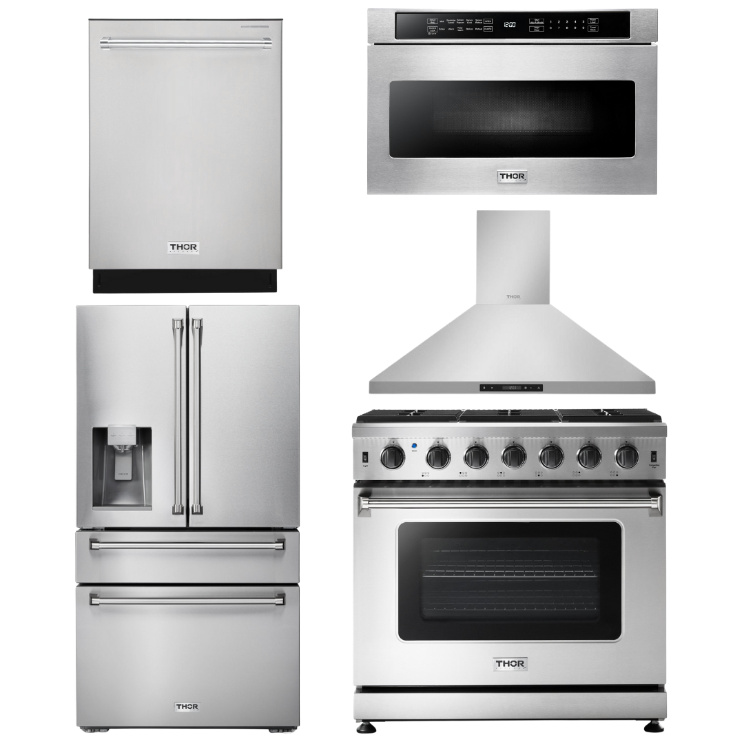 THOR Kitchen Package - 36" Propane Gas Range, Range Hood, Microwave, Refrigerator with Water and Ice Dispenser, Dishwasher, AP-LRG3601ULP-13