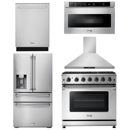 THOR Kitchen Package - 36" Propane Gas Range, Range Hood, Microwave, Refrigerator with Water and Ice Dispenser, Dishwasher, AP-LRG3601ULP-13