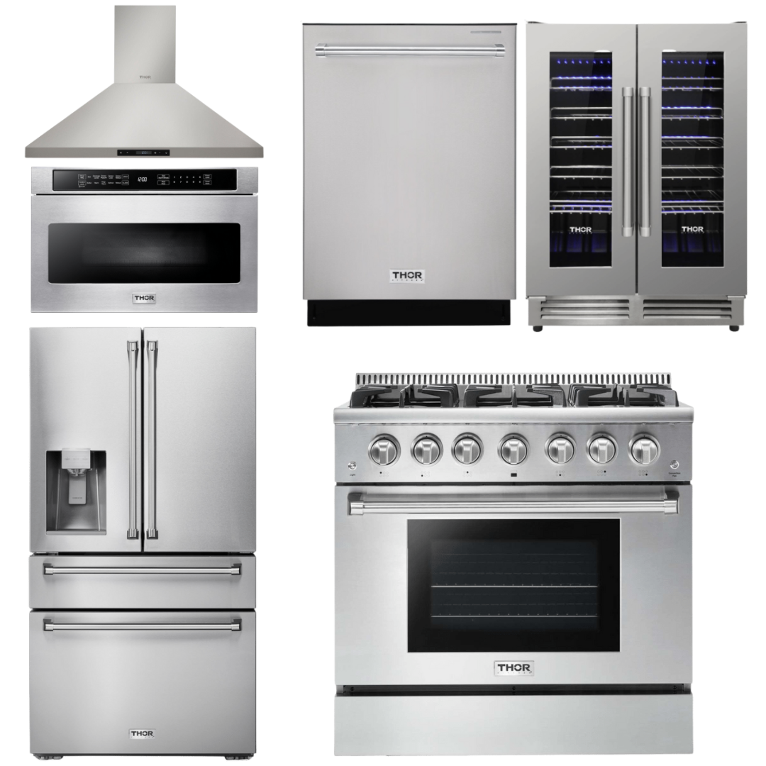 THOR Kitchen Package - 36" Gas Range, Range Hood, Microwave, Refrigerator with Water and Ice Dispenser, Dishwasher, Wine Cooler, AP-HRG3618U-14