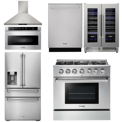 THOR Kitchen Package - 36" Gas Range, Range Hood, Microwave, Refrigerator with Water and Ice Dispenser, Dishwasher, Wine Cooler, AP-HRG3618U-14