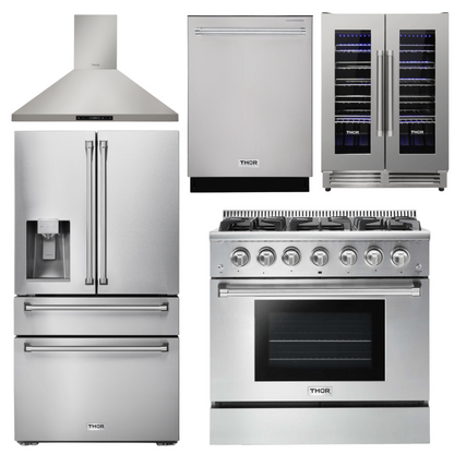 THOR Kitchen Package - 36" Propane Gas Range, Range Hood, Refrigerator with Water and Ice Dispenser, Dishwasher, Wine Cooler, AP-HRG3618ULP-11
