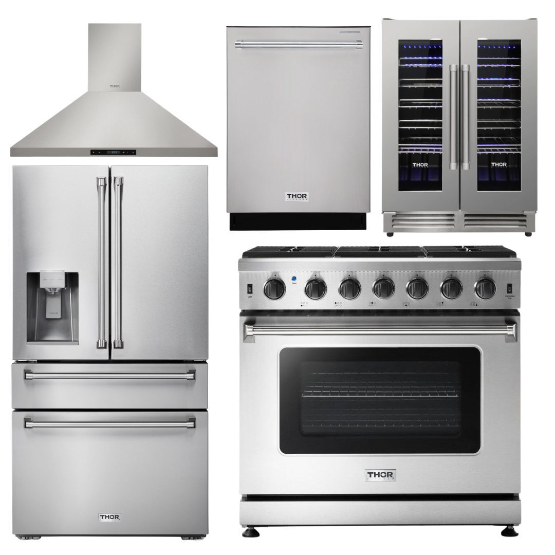 THOR Kitchen Package - 36" Gas Range, Range Hood, Refrigerator with Water and Ice Dispenser, Dishwasher, Wine Cooler, AP-LRG3601U-11