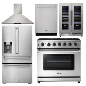 THOR Kitchen Package - 36" Gas Range, Range Hood, Refrigerator with Water and Ice Dispenser, Dishwasher, Wine Cooler, AP-LRG3601U-11