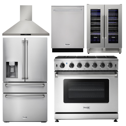THOR Kitchen Package - 36" Gas Range, Range Hood, Refrigerator with Water and Ice Dispenser, Dishwasher, Wine Cooler, AP-LRG3601U-11