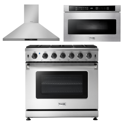 THOR Kitchen Package - 36" Propane Gas Range, Range Hood, Microwave, AP-LRG3601ULP-5