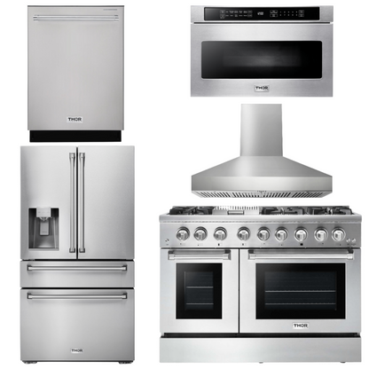 THOR Kitchen Package - 48" Dual Fuel Range, Range Hood, Refrigerator with Water and Ice Dispenser, Dishwasher, Microwave, AP-HRD4803U-W-9