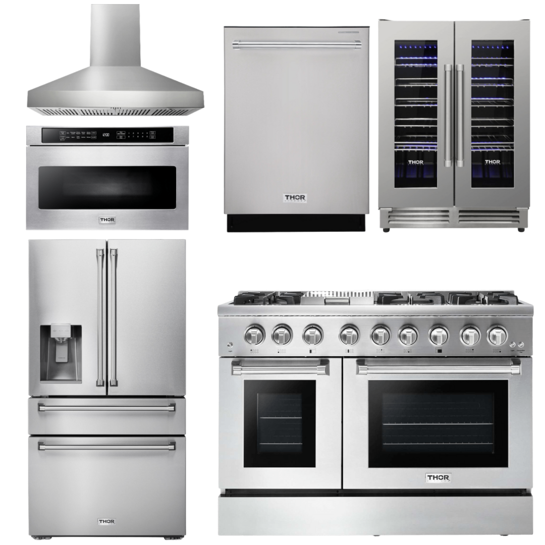 THOR Kitchen Package - 48" Dual Fuel Range, Range Hood, Refrigerator, Dishwasher, Microwave, Wine Cooler