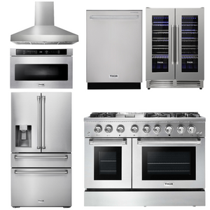 THOR Kitchen Package - 48" Dual Fuel Range, Range Hood, Refrigerator, Dishwasher, Microwave, Wine Cooler