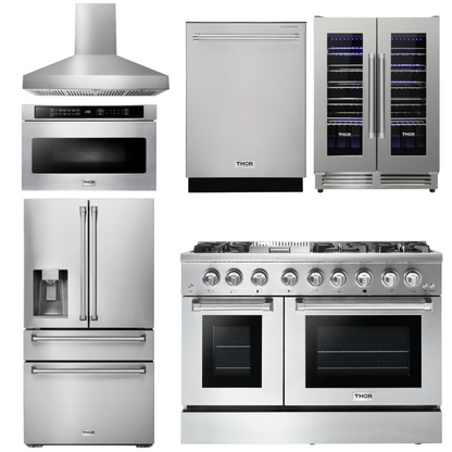 THOR Kitchen Package - 48" Dual Fuel Range, Range Hood, Refrigerator with Water & Ice Dispenser, Dishwasher, Microwave, Wine Cooler