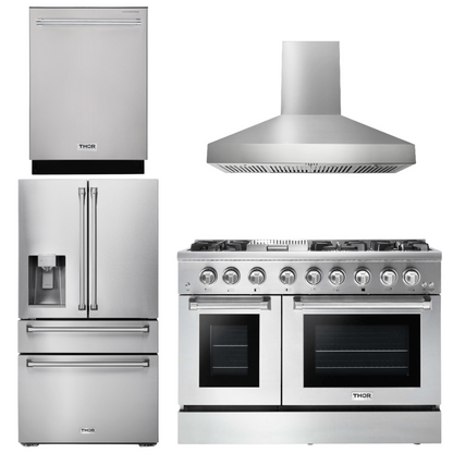 THOR Kitchen Package - 48" Gas Burner, Electric Oven Range, Range Hood, Refrigerator, Dishwasher, AP-HRD4803U-W-7