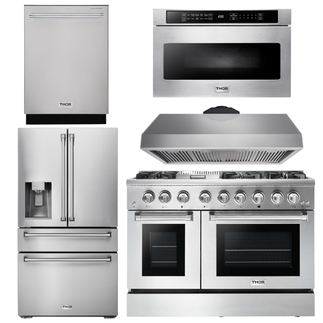 THOR Kitchen Package - 48" Dual Fuel Range, Range Hood, Refrigerator with Water and Ice Dispenser, Dishwasher, Microwave