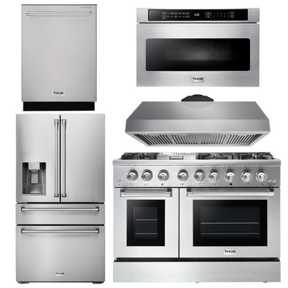 THOR Package - 48" Propane Dual Fuel Range, Range Hood, Refrigerator with Water & Ice Dispenser, Dishwasher, Microwave