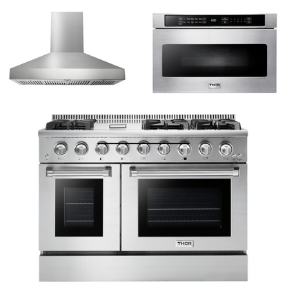 THOR Kitchen Package - 48" Gas Burner, Electric Oven Range, Range Hood, Microwave, AP-HRD4803U-W-4