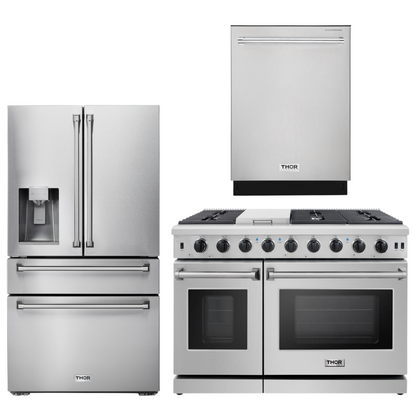 THOR Kitchen Package - 48" Gas Range, Dishwasher, Refrigerator with Water and Ice Dispenser, AP-LRG4807U-9