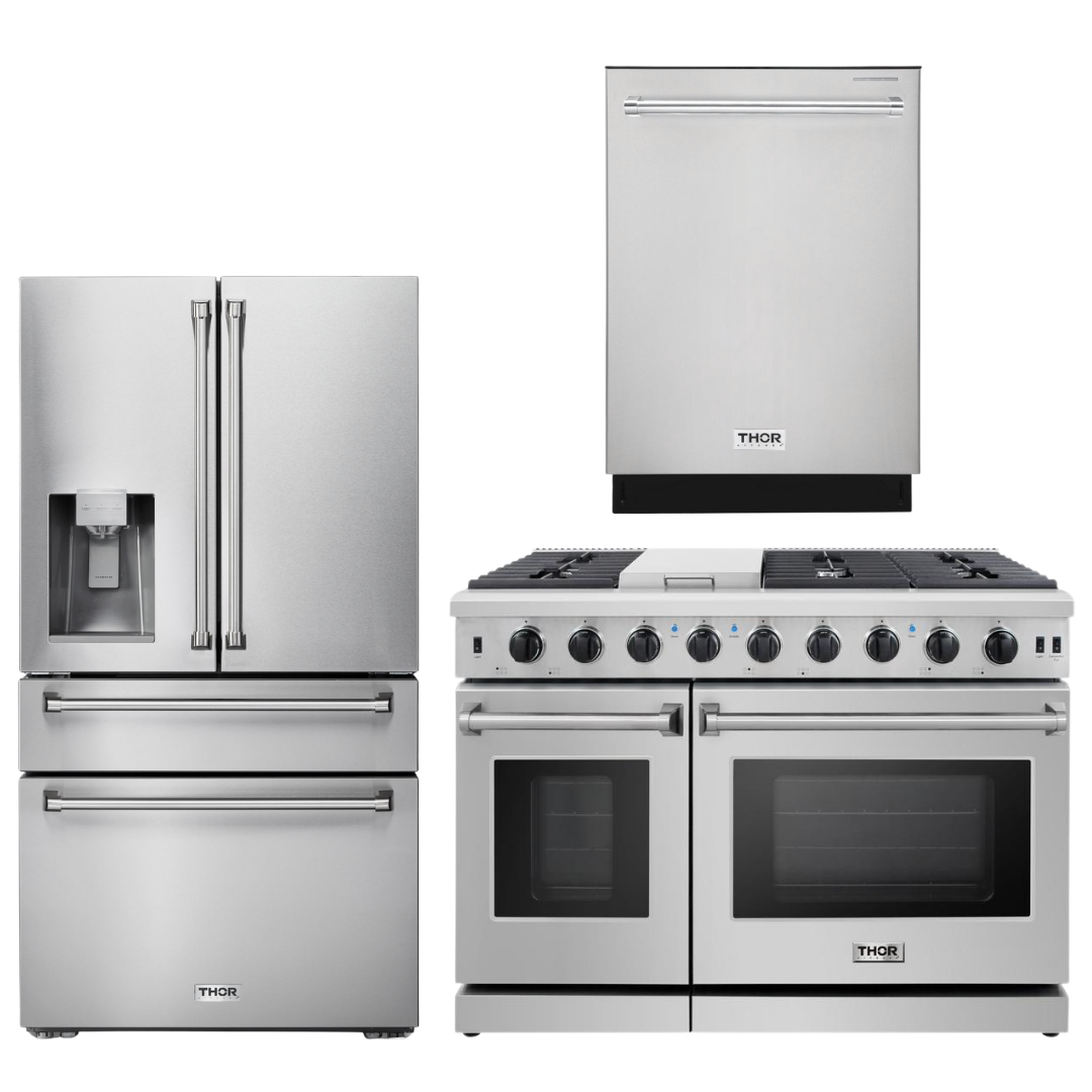 THOR Kitchen Package - 48" Propane Gas Range, Dishwasher, Refrigerator with Water and Ice Dispenser, AP-LRG4807ULP-9