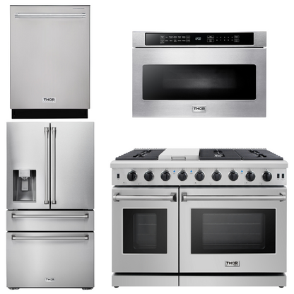 THOR Kitchen Package - 48" Gas Range, Dishwasher, Refrigerator with Water and Ice Dispenser, Microwave, AP-LRG4807U-12