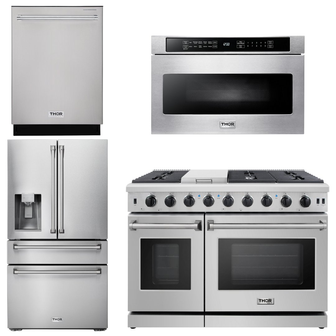 THOR Kitchen Package - 48" Propane Gas Range, Dishwasher, Refrigerator with Water and Ice Dispenser, Microwave, AP-LRG4807ULP-12