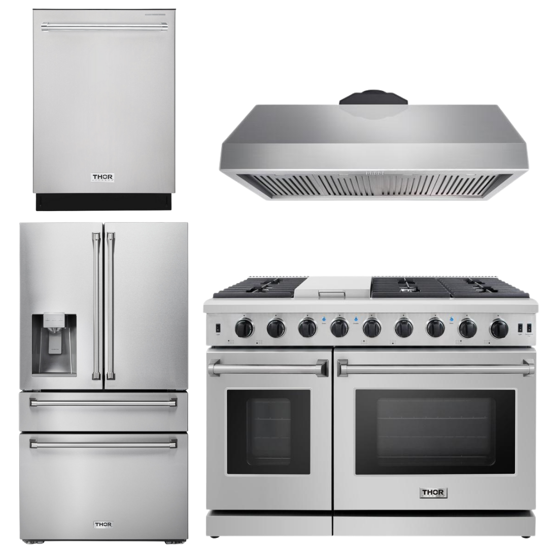 THOR Kitchen Package - 48" Gas Range, Range Hood, Dishwasher, Refrigerator with Water and Ice Dispenser, AP-LRG4807U-10