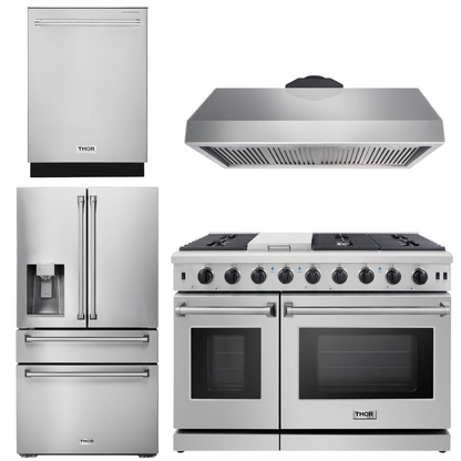 THOR Kitchen Package - 48" Gas Range, Range Hood, Dishwasher, Refrigerator with Water and Ice Dispenser, AP-LRG4807U-10