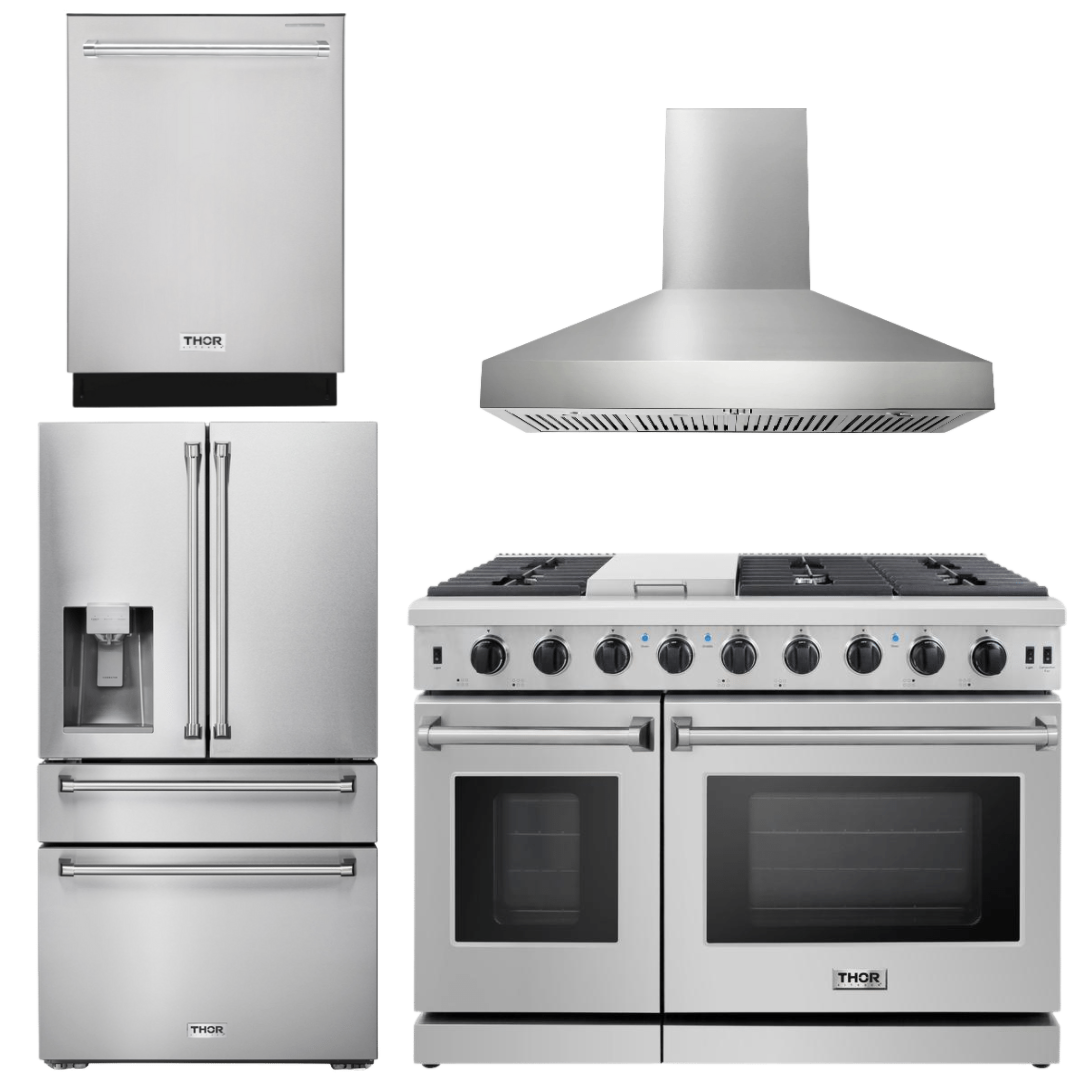 THOR Kitchen Package - 48" Gas Range, Range Hood, Dishwasher, Refrigerator with Water and Ice Dispenser, AP-LRG4807U-W-7