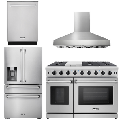 THOR Kitchen Package - 48" Gas Range, Range Hood, Dishwasher, Refrigerator with Water and Ice Dispenser, AP-LRG4807U-W-7