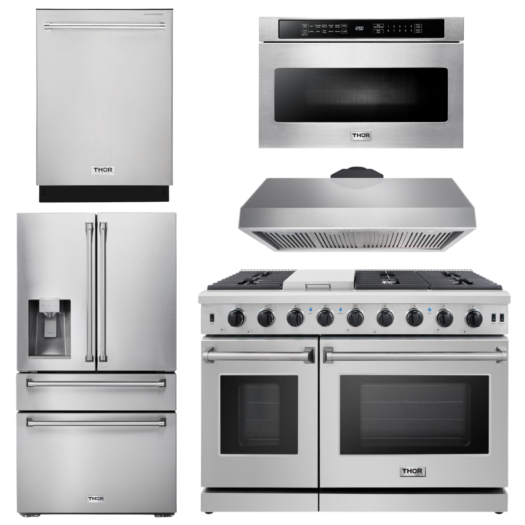 THOR Kitchen Package - 48" Gas Range, Range Hood, Dishwasher, Refrigerator with Water and Ice Dispenser, Microwave, AP-LRG4807U-13