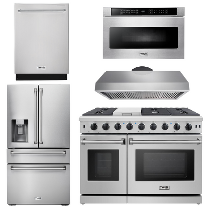 THOR Kitchen Package - 48" Gas Range, Range Hood, Dishwasher, Refrigerator with Water and Ice Dispenser, Microwave, AP-LRG4807U-13