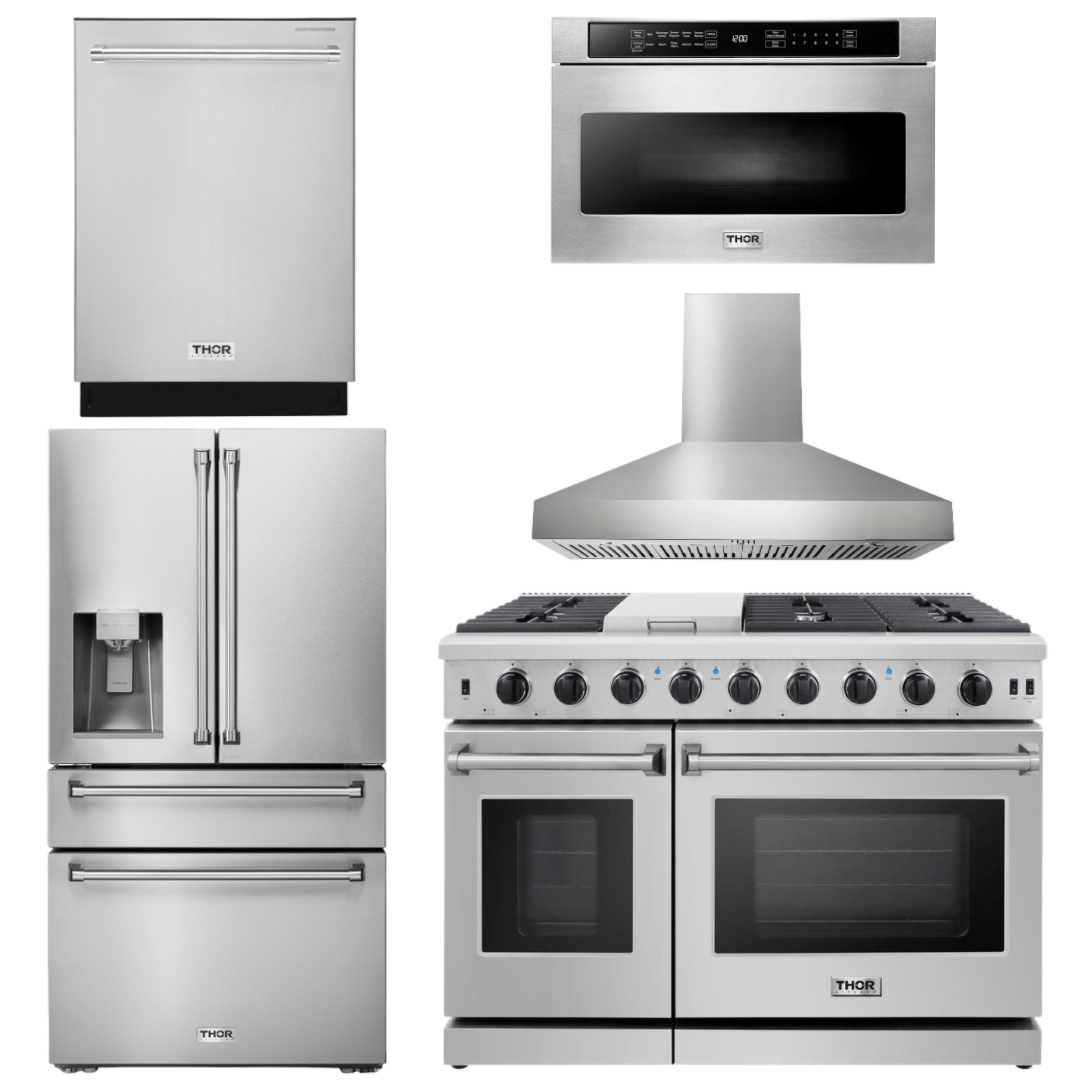 THOR Kitchen Package - 48" Gas Range, Range Hood, Dishwasher, Refrigerator with Water and Ice Dispenser, Microwave, AP-LRG4807U-W-9