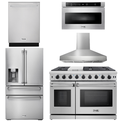 THOR Kitchen Package - 48" Gas Range, Range Hood, Dishwasher, Refrigerator with Water and Ice Dispenser, Microwave, AP-LRG4807U-W-9