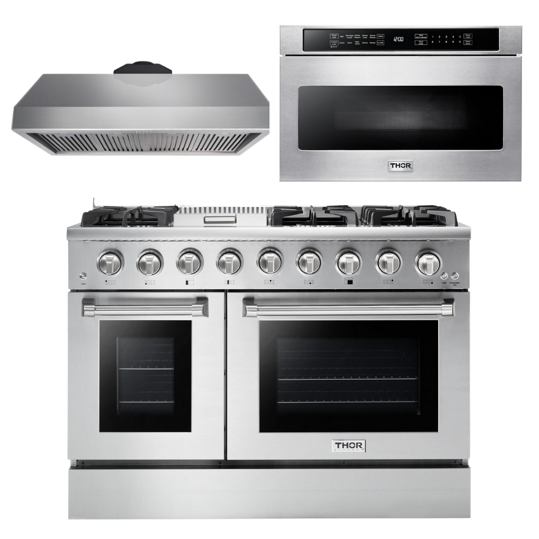 THOR Kitchen Package - 48" Gas Range, Range Hood, Microwave - Stainless Steel Knobs, AP-HRG4808U-5