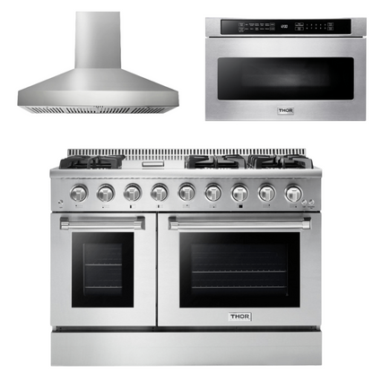 THOR Kitchen Package - 48" Propane Gas Range, Range Hood, Microwave, AP-HRG4808ULP-W-4