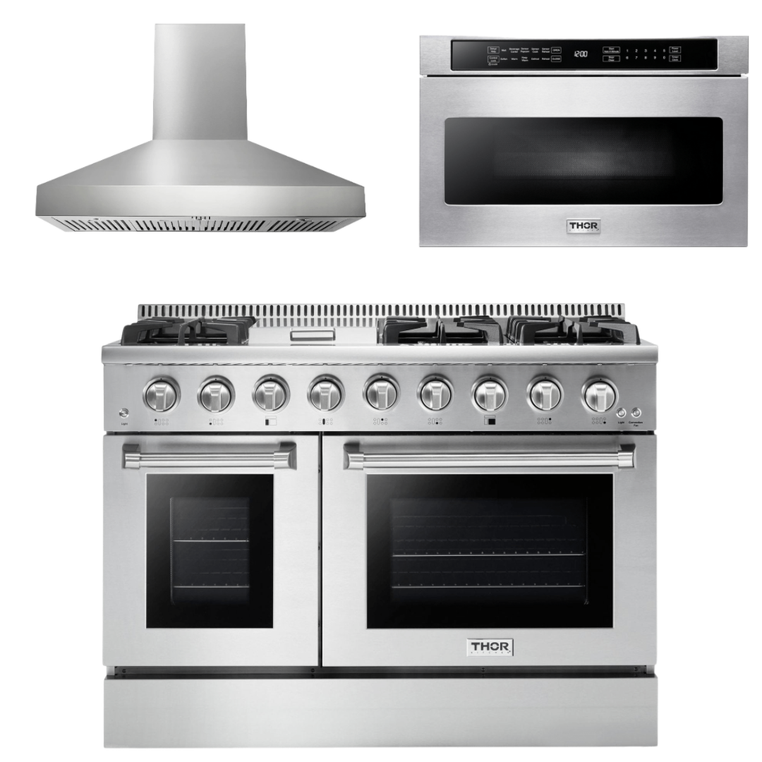 THOR Kitchen Package - 48" Gas Range, Range Hood, Microwave, AP-HRG4808U-W-4