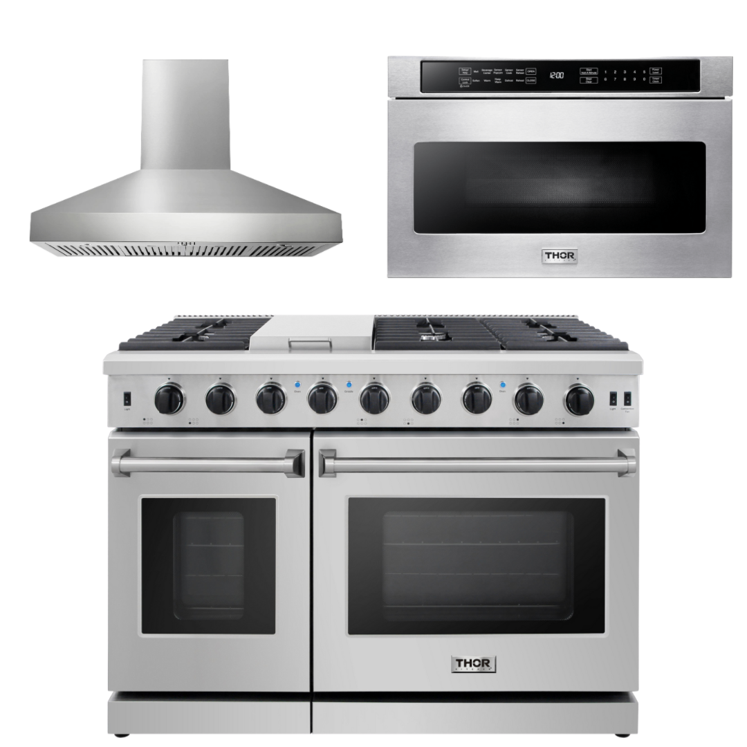 THOR Kitchen Package - 48" Propane Gas Range, Range Hood, Microwave, AP-LRG4807ULP-W-4