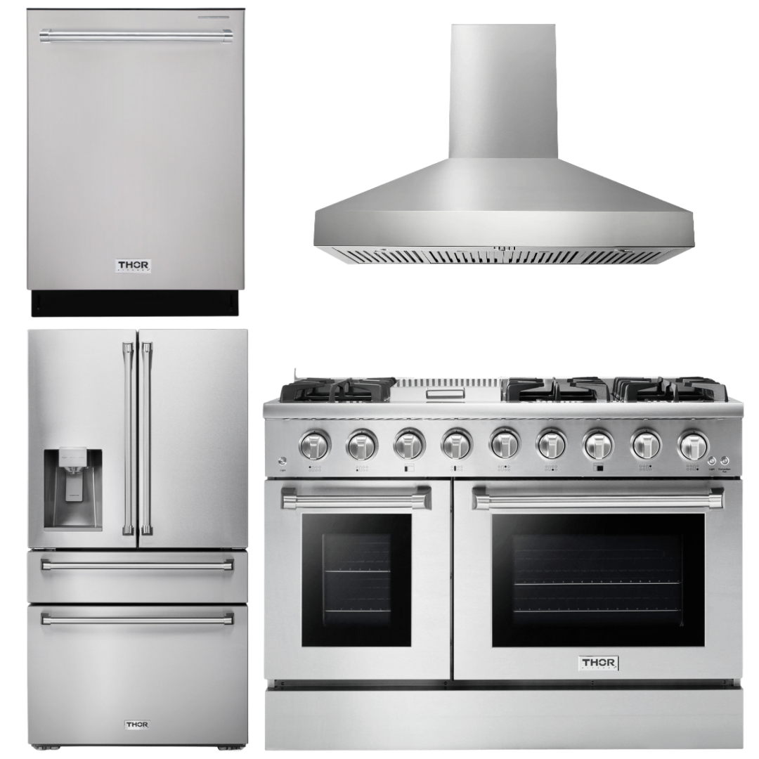 THOR Kitchen Package - 48" Gas Range, Range Hood, Refrigerator with Water and Ice Dispenser, Dishwasher, AP-HRG4808U-W-7