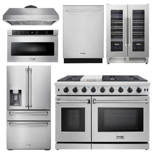 THOR Kitchen Package - 48" Gas Range, Range Hood, Refrigerator with Water and Ice Dispenser, Dishwasher, Wine Cooler, Microwave, AP-LRG4807U-14