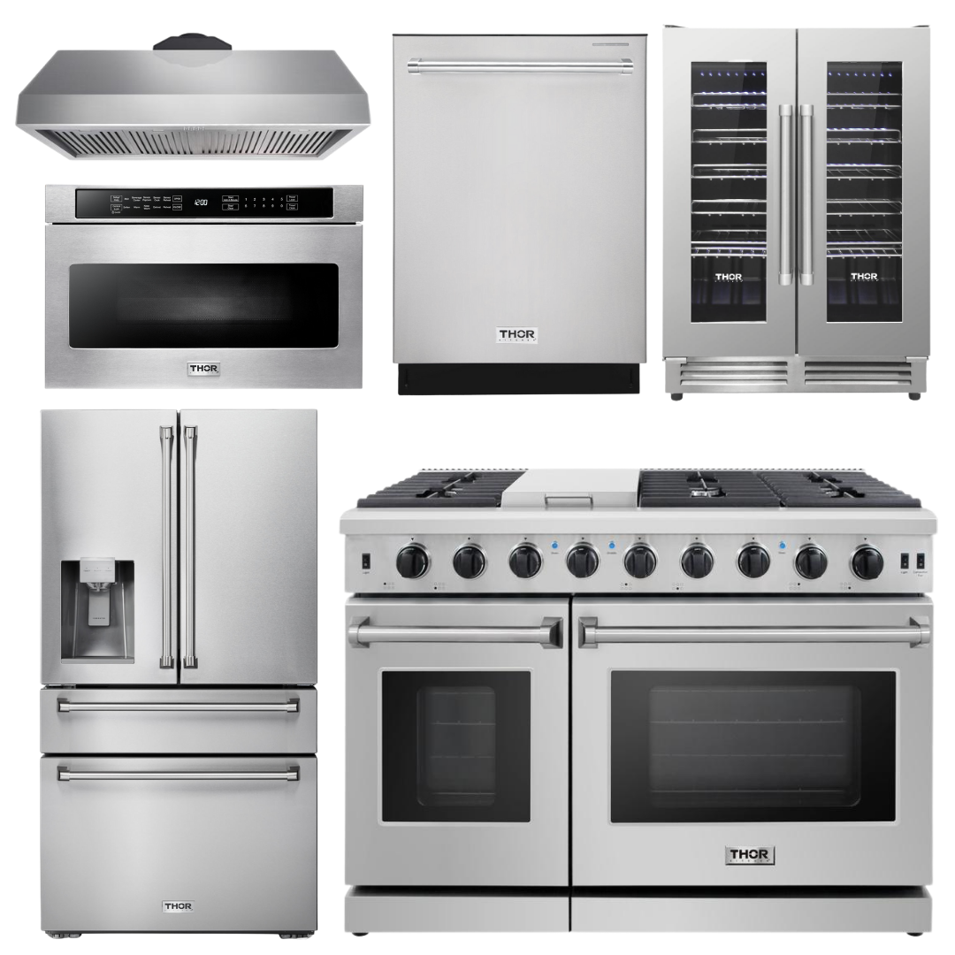 THOR Package - 48" Propane Gas Range, Range Hood, Refrigerator with Water & Ice Dispenser, Dishwasher, Wine Cooler, Microwave
