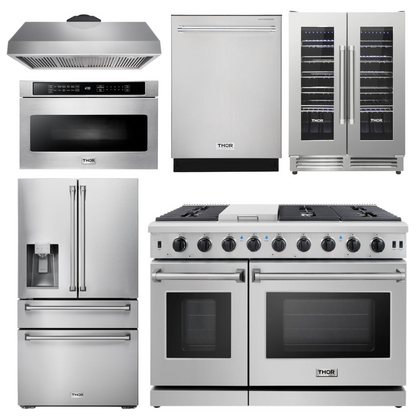 THOR Package - 48" Propane Gas Range, Range Hood, Refrigerator with Water & Ice Dispenser, Dishwasher, Wine Cooler, Microwave