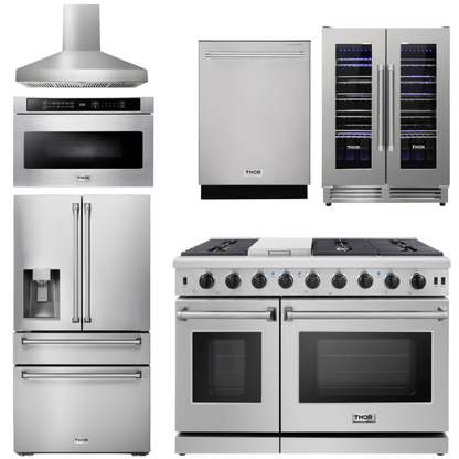THOR Kitchen Package - 48" Propane Gas Range, Range Hood, Refrigerator, Dishwasher, Wine Cooler, Microwave