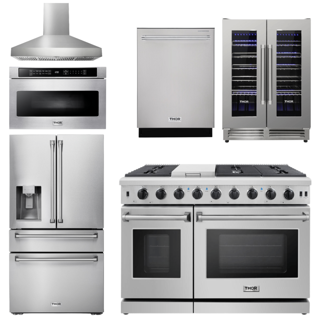 THOR Kitchen Package - 48" Gas Range, Range Hood, Refrigerator with Water and Ice Dispenser, Dishwasher, Wine Cooler, Microwave, AP-LRG4807U-W-10