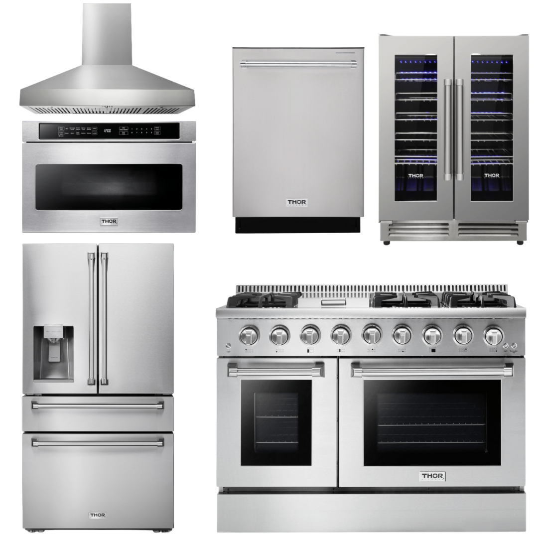 THOR Kitchen Package - 48" Propane Gas Range, Range Hood, Refrigerator with Water and Ice Dispenser, Dishwasher, Microwav, Wine Cooler