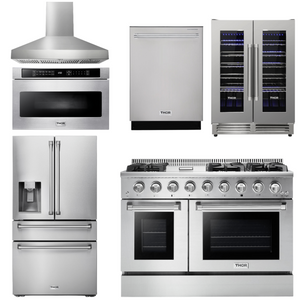 THOR Kitchen Package - 48" Propane Gas Range, Range Hood, Refrigerator with Water and Ice Dispenser, Dishwasher, Microwav, Wine Cooler