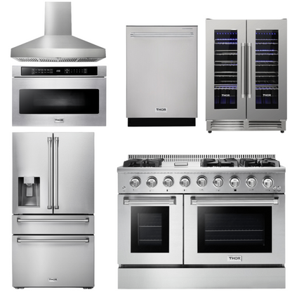 THOR Kitchen Package - 48" Propane Gas Range, Range Hood, Refrigerator with Water and Ice Dispenser, Dishwasher, Microwav, Wine Cooler